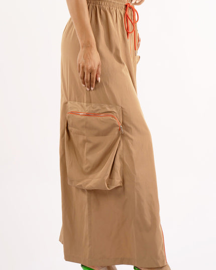 Zipper front drawstring waist cargo maxi skirt - Muvin 