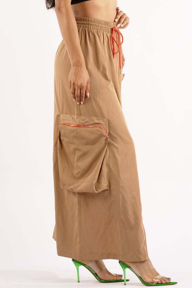 Zipper front drawstring waist cargo maxi skirt - Muvin 