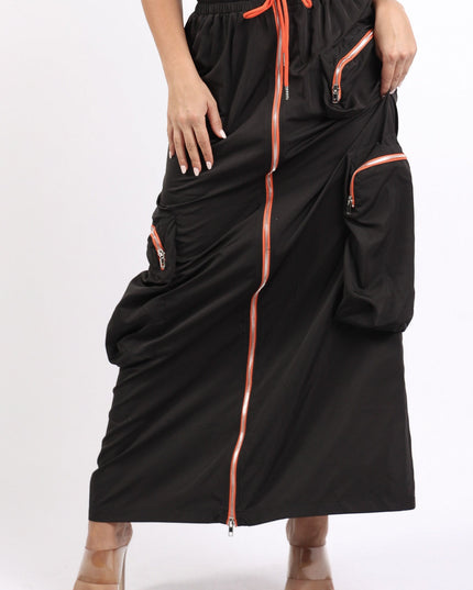 Zipper front drawstring waist cargo maxi skirt - Muvin 
