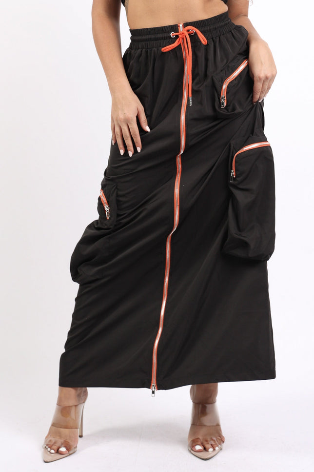 Zipper front drawstring waist cargo maxi skirt - Muvin 