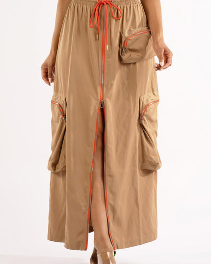 Zipper front drawstring waist cargo maxi skirt - Muvin 