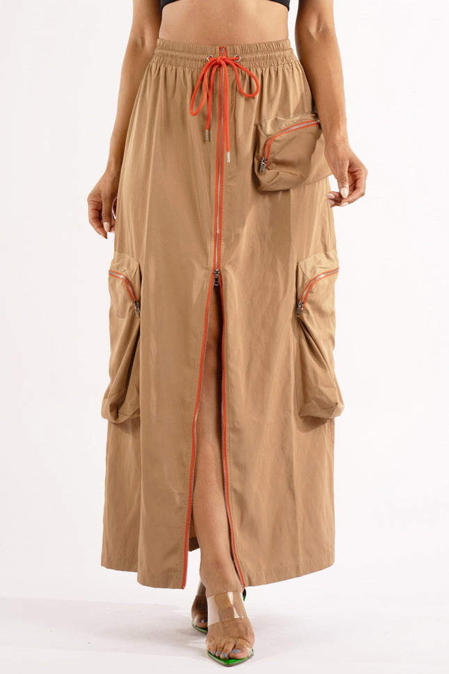 Zipper front drawstring waist cargo maxi skirt - Muvin 