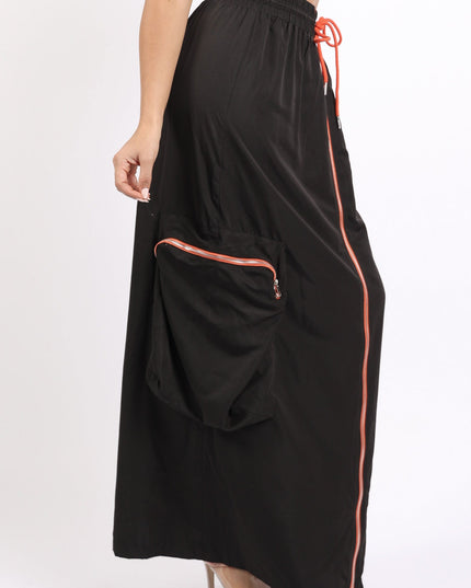 Zipper front drawstring waist cargo maxi skirt - Muvin 