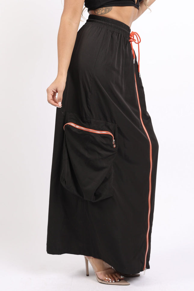 Zipper front drawstring waist cargo maxi skirt - Muvin 