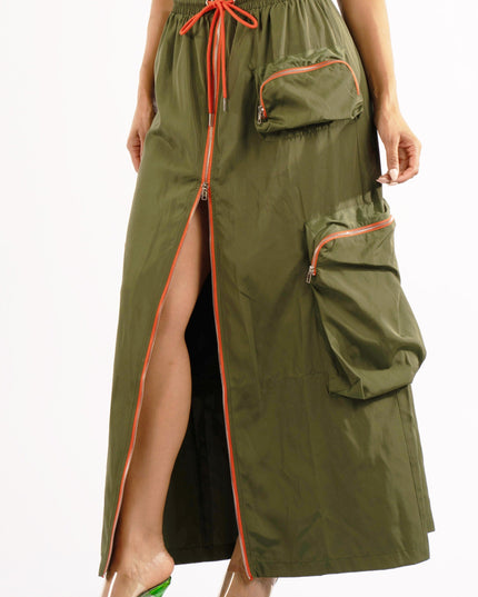 Zipper front drawstring waist cargo maxi skirt - Muvin 