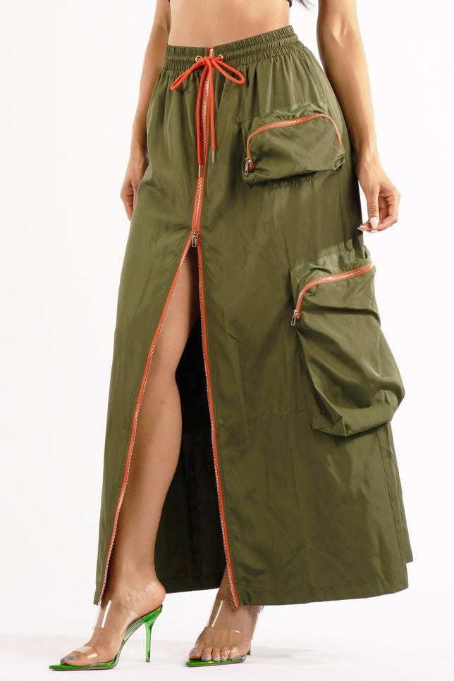 Zipper front drawstring waist cargo maxi skirt - Muvin 