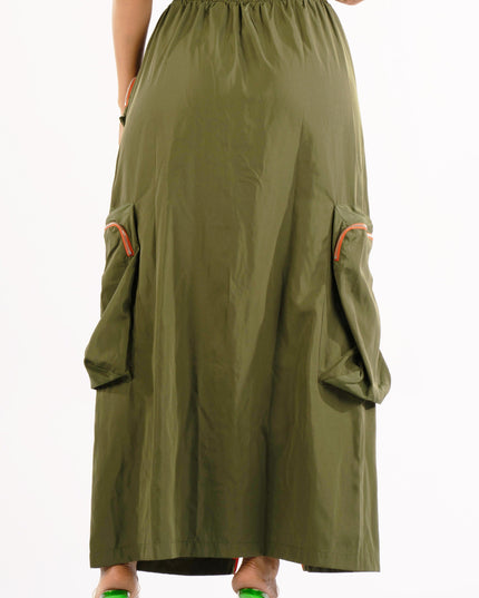 Zipper front drawstring waist cargo maxi skirt - Muvin 