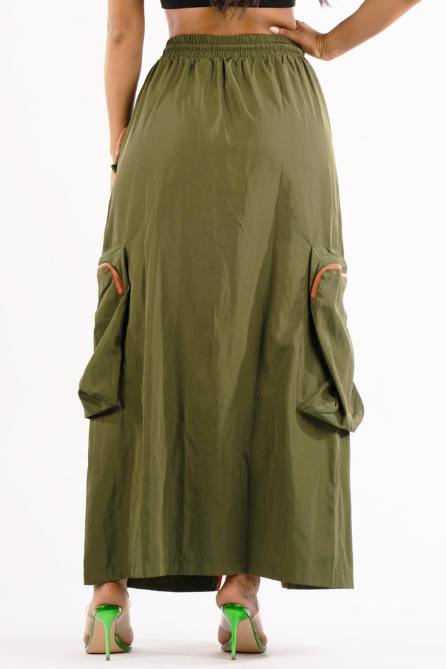 Zipper front drawstring waist cargo maxi skirt - Muvin 