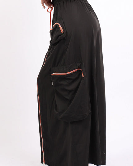 Zipper front drawstring waist cargo maxi skirt - Muvin 
