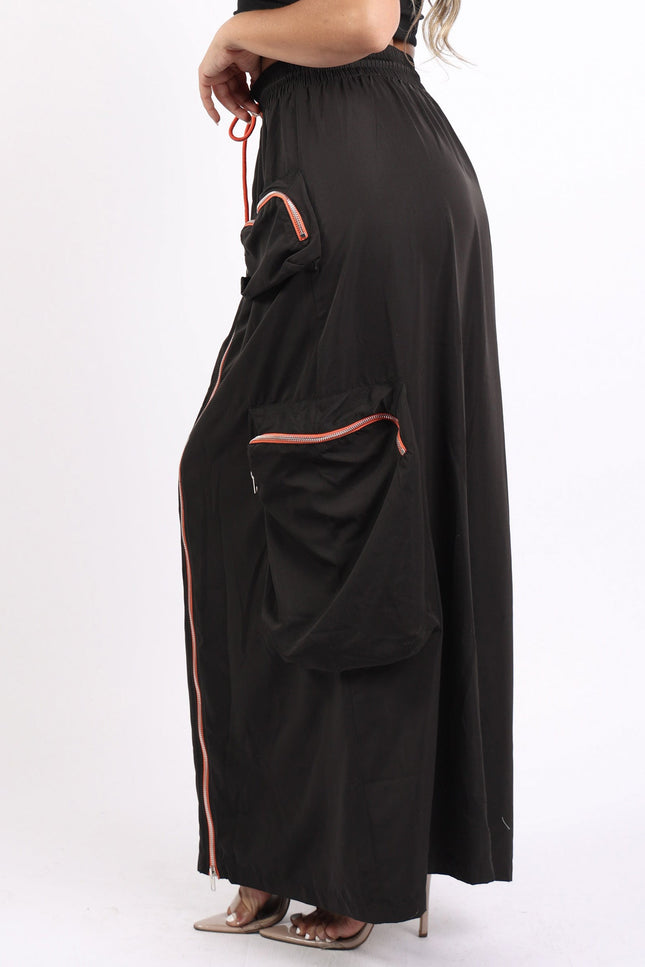 Zipper front drawstring waist cargo maxi skirt - Muvin 