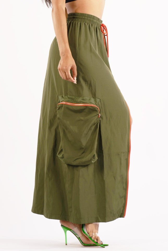 Zipper front drawstring waist cargo maxi skirt - Muvin 