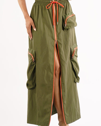 Zipper front drawstring waist cargo maxi skirt - Muvin 