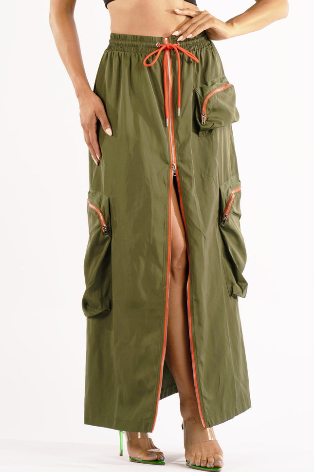 Zipper front drawstring waist cargo maxi skirt - Muvin 