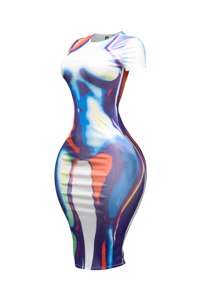 Metallic body heat printed midi dress - Muvin 