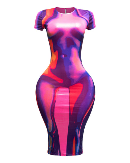 Metallic body heat printed midi dress - Muvin 