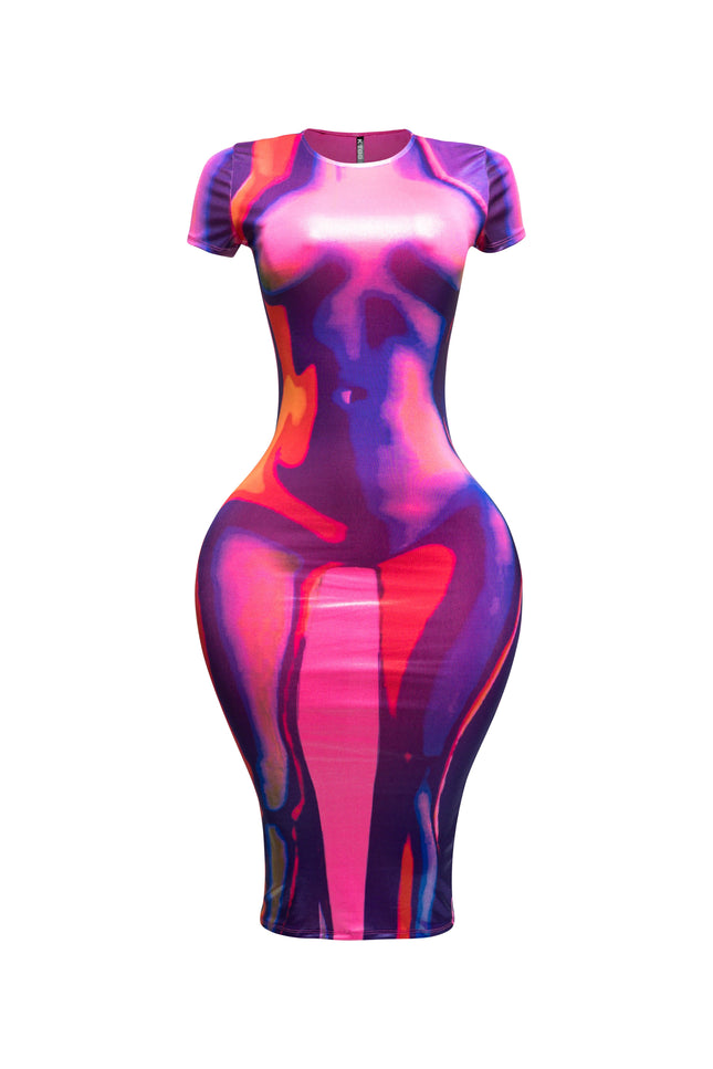 Metallic body heat printed midi dress - Muvin 