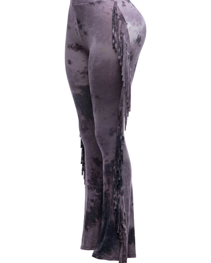 Tie dye printed fringe detailed flared pants