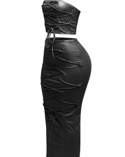 Lace up detailed tube top and maxi skirt set - Muvin 