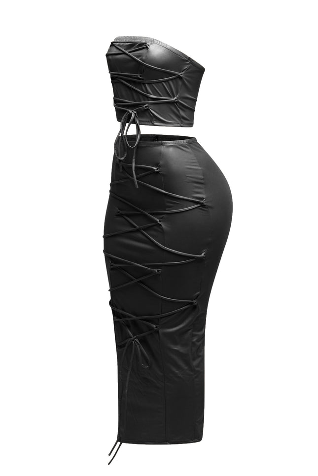 Lace up detailed tube top and maxi skirt set - Muvin 