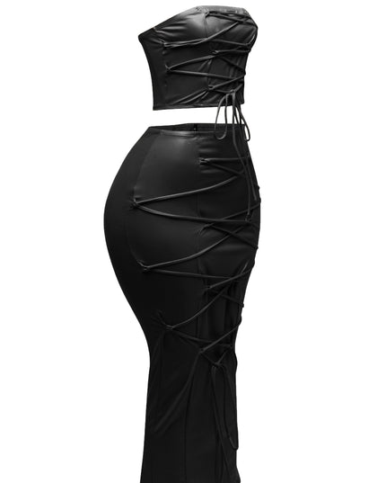 Lace up detailed tube top and maxi skirt set - Muvin 