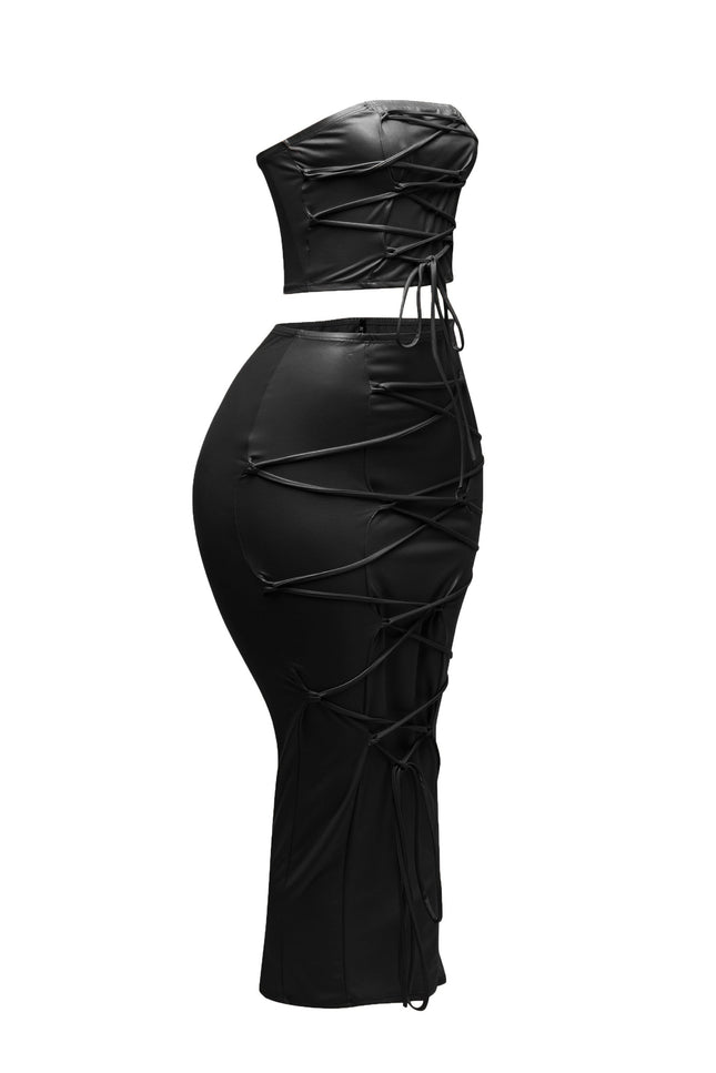 Lace up detailed tube top and maxi skirt set - Muvin 