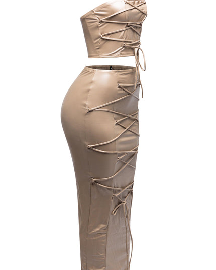 Lace up detailed tube top and maxi skirt set - Muvin 