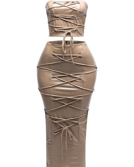 Lace up detailed tube top and maxi skirt set - Muvin 