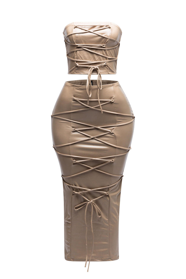 Lace up detailed tube top and maxi skirt set - Muvin 