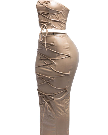 Lace up detailed tube top and maxi skirt set - Muvin 