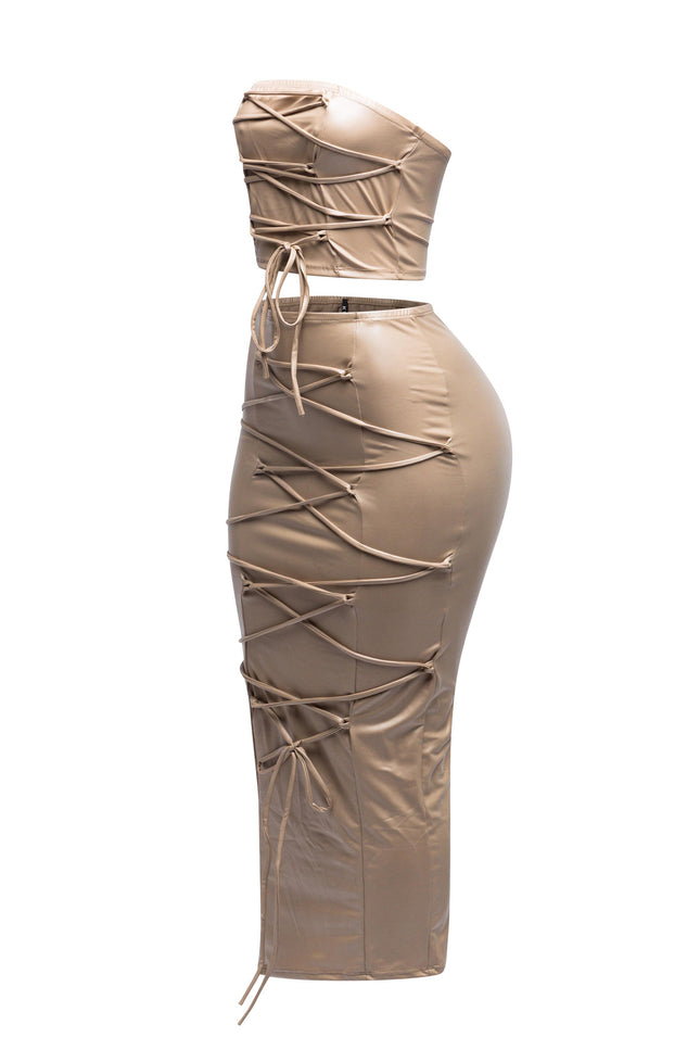 Lace up detailed tube top and maxi skirt set - Muvin 