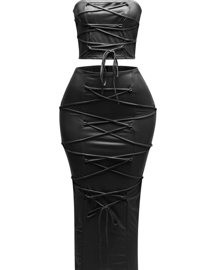 Lace up detailed tube top and maxi skirt set - Muvin 
