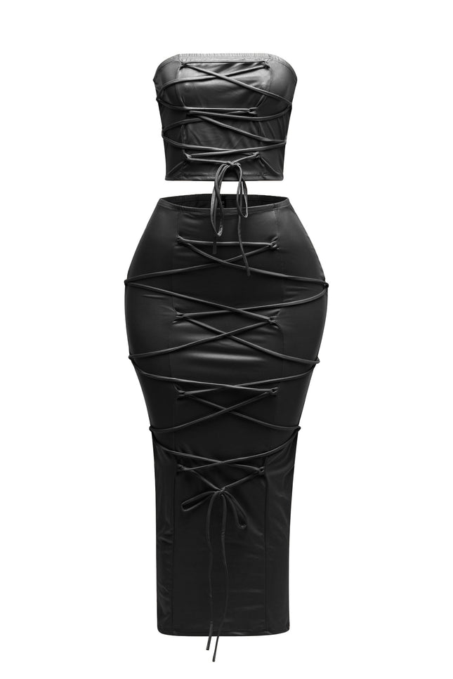 Lace up detailed tube top and maxi skirt set - Muvin 