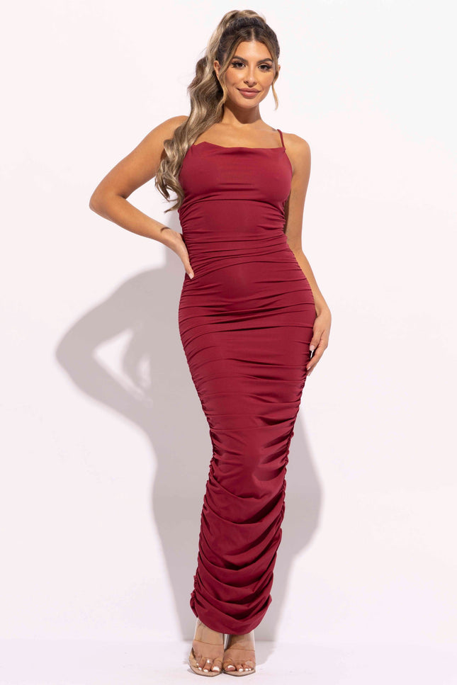 Cowl neck all over ruched maxi dress - Muvin 