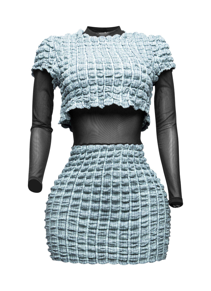 Mesh Contrast Popcorn Fabric Mini Dress - Muvin 