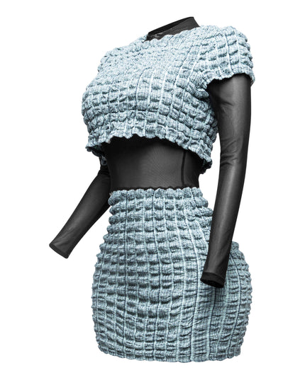 Mesh Contrast Popcorn Fabric Mini Dress - Muvin 