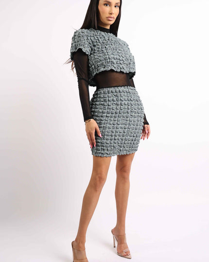 Mesh Contrast Popcorn Fabric Mini Dress - Muvin 
