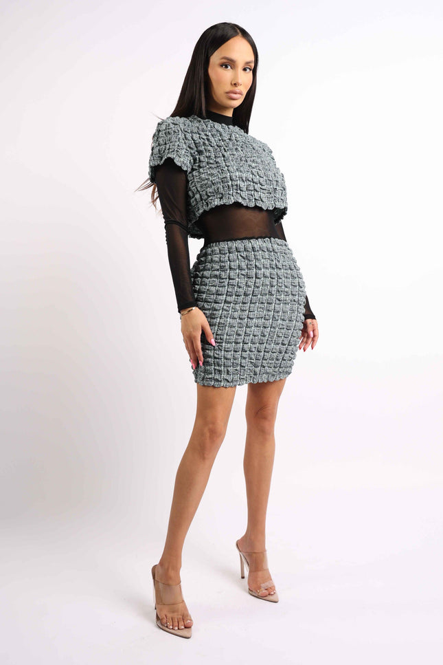 Mesh Contrast Popcorn Fabric Mini Dress - Muvin 