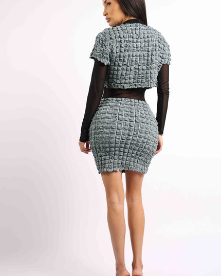 Mesh Contrast Popcorn Fabric Mini Dress - Muvin 