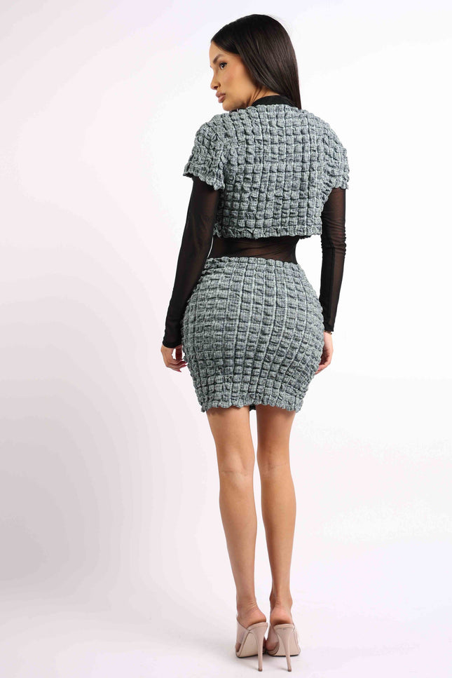 Mesh Contrast Popcorn Fabric Mini Dress - Muvin 