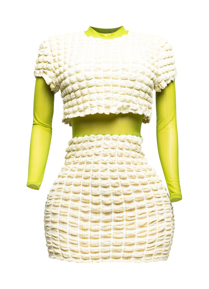 Mesh Contrast Popcorn Fabric Mini Dress - Muvin 