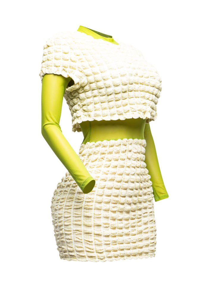 Mesh Contrast Popcorn Fabric Mini Dress - Muvin 