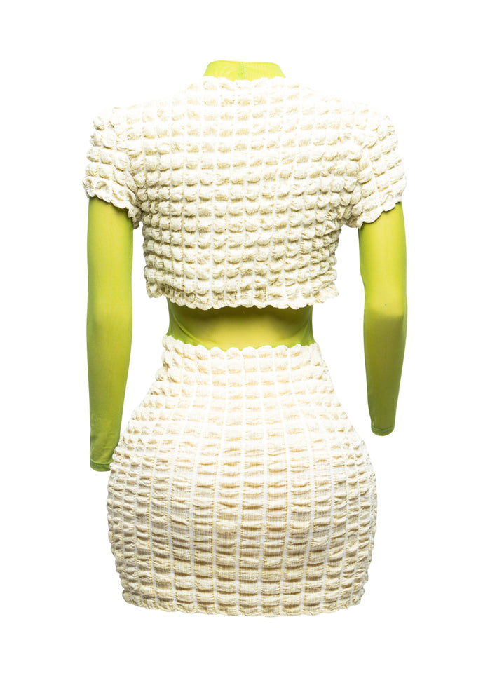 Mesh Contrast Popcorn Fabric Mini Dress - Muvin 