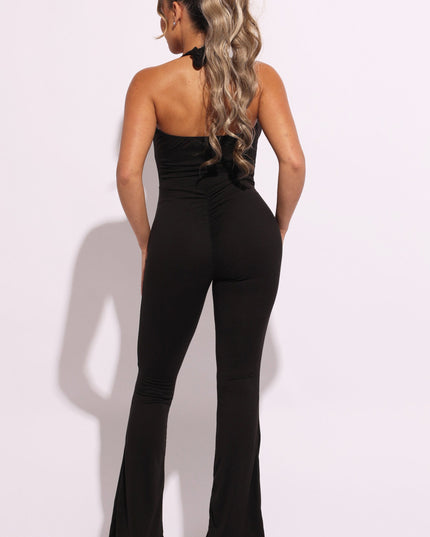 Halter deep V neck flare jumpsuit - Muvin 