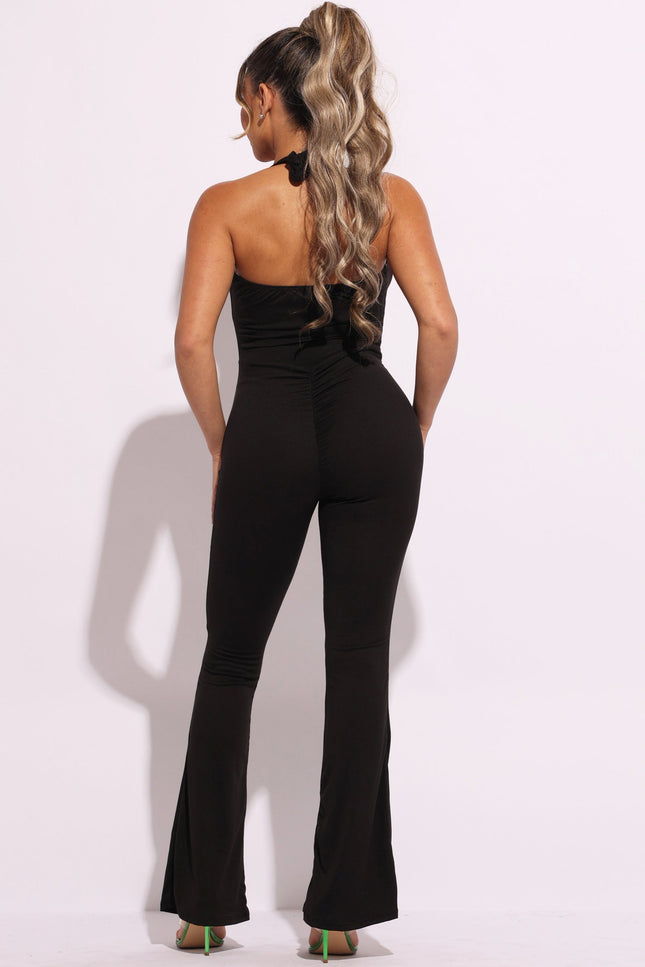 Halter deep V neck flare jumpsuit - Muvin 