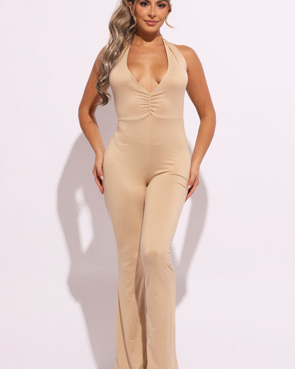 Halter deep V neck flare jumpsuit - Muvin 
