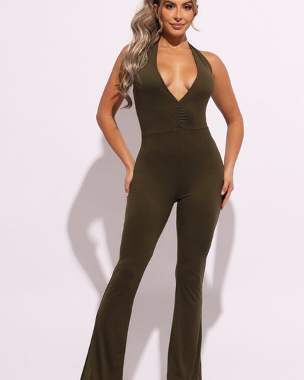 Halter deep V neck flare jumpsuit - Muvin 