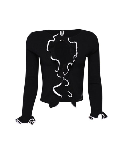 Black cropped cardigan with white contrast frill edges and tie front

