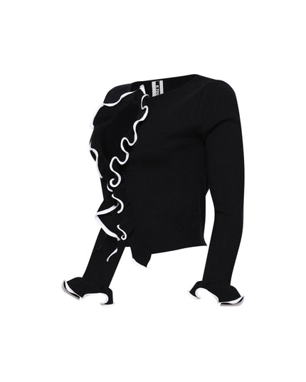 Stretch knit black cardigan with lettuce hem and two-string closure


