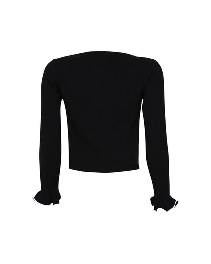 Black knit cardigan with front tie and white trim for a coquette vibe

