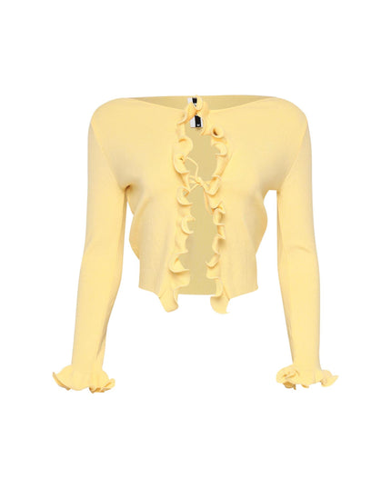 Yellow cropped knit cardigan with ruffle trim and front tie detail

